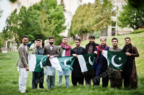 Preview: Group of pakistani man wearing traditional clothes salwar kameez or kurta with Pakistan flags.