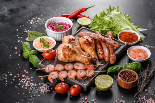 Preview: Composition of sausages, chicken, pork and shrimp prepared on grill