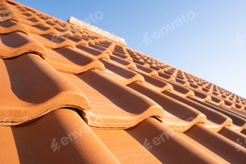 Preview: Overlapping rows of yellow ceramic roofing tiles covering residential building roof.