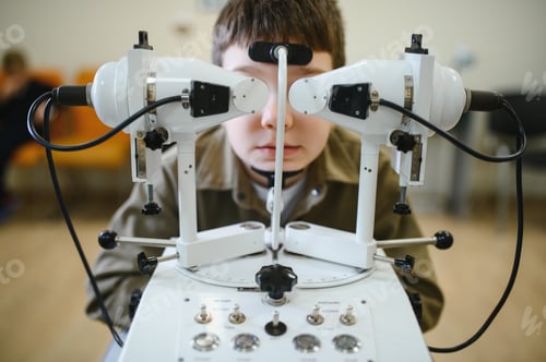 Preview: Boy undergoing vision diagnostics with ophthalmological equipment in clinic