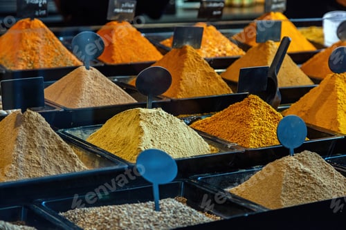 Preview: Spice variety in a store in Rotterdam, Netherlands. Dry heap of herb, empty label tag, space