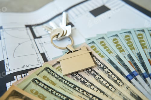 Preview: House keys and dollar banknotes on blueprint