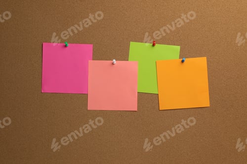 Preview: Colorful paper notes pinned to cork board