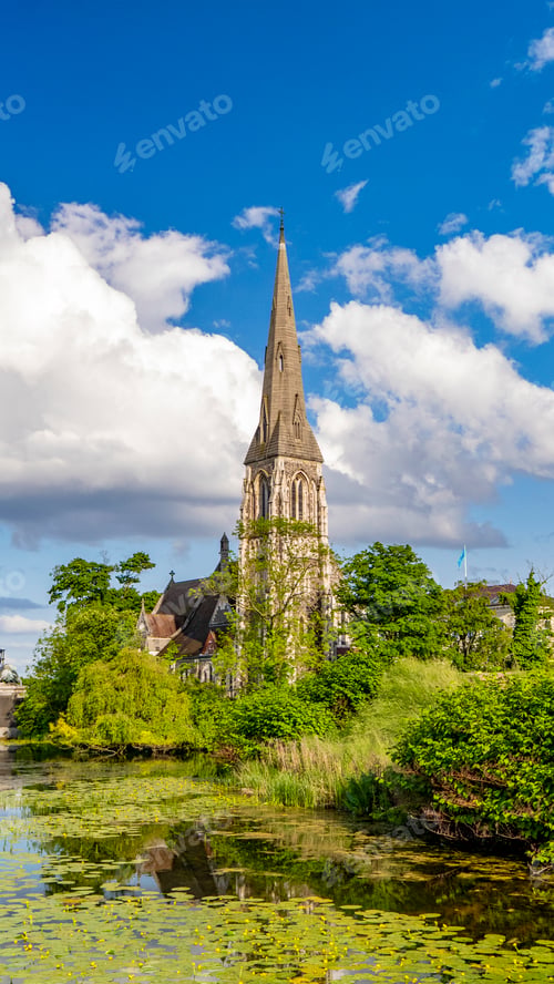Preview: St Alban's Church reflected in a pond in Copenhagen