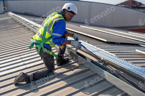 Preview: Engineer on rooftop knee down check cable pulling for solar panels photo voltaic installation