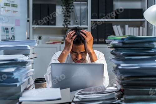 Preview: Frustrated Asian young businessman worker working on table in office.