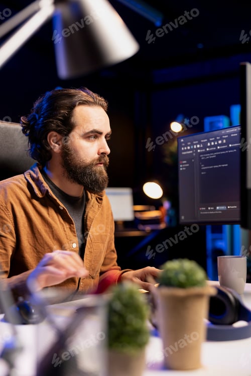 Preview: IT specialist typing on keyboard, writing code to build firewalls