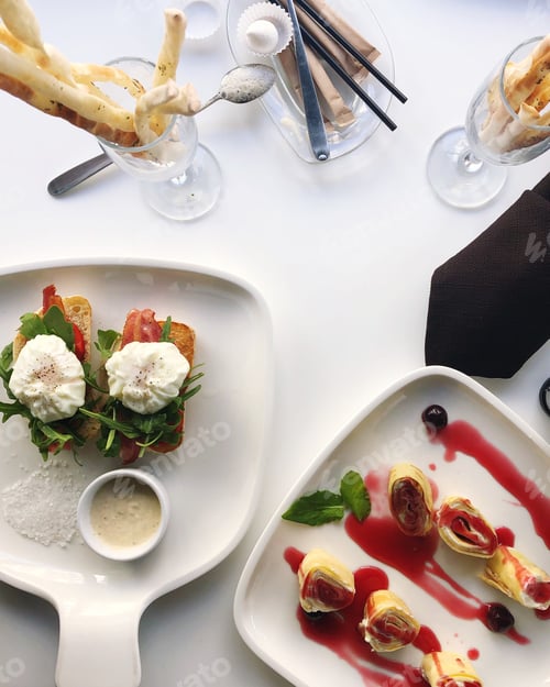 Elegant Breakfast Food Presentation on a White Table