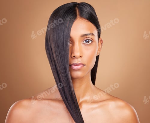 Preview: Beauty, hair and cosmetics with portrait of woman in studio for keratin, salon treatment and textur
