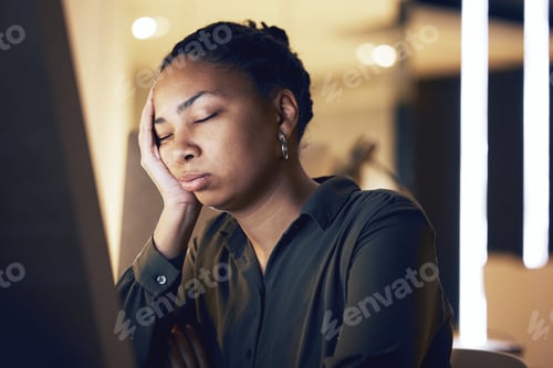 Preview: Computer, night sleep and black woman tired after overtime bookkeeping, spreadsheet accounting or b