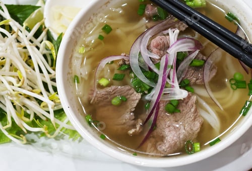 Preview: traditional Vietnamese pho bo soup with bean sprouts
