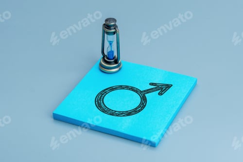 Preview: Male gender symbol hand drawn on a blue sticky note with a small hourglass.
