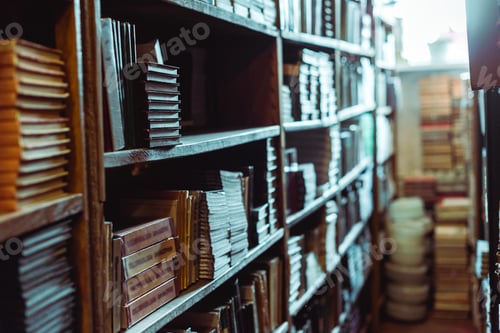Preview: selective focus of retro books on wooden shelves in library