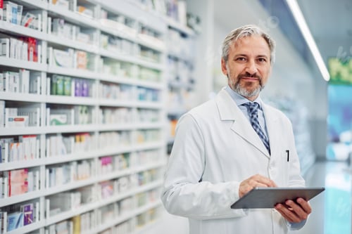 Preview: Portrait of a grey-bearded serious male pharmacy employee with a tablet.