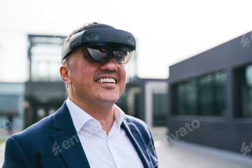 Preview: Businessman Smiling While Wearing Virtual Reality Glasses in Modern Office Setting