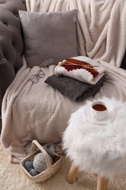 Preview: Concept of hobby, cozy winter and autumn hobby - knitting