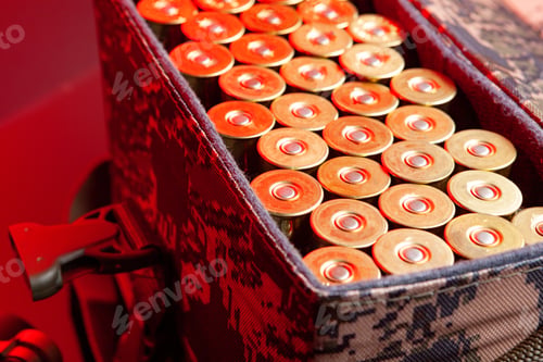 Preview: Shotgun cartridges in a cartridge bag in red light close up