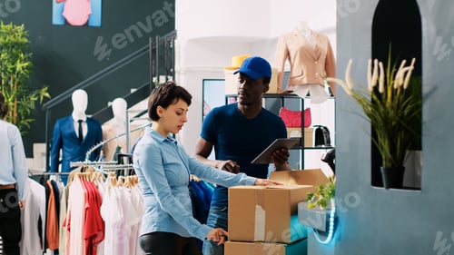 Preview: Worker looking at packages with courier