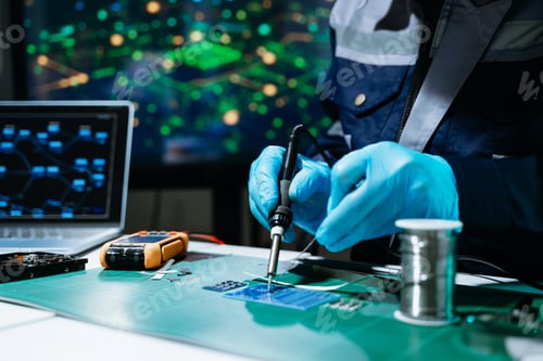 Preview: Professional technician soldering PCB circuit board with precision tools in electronics lab,