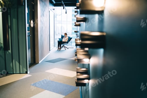 Preview: Pensive executive woman focusing on screen and using laptop in light modern office