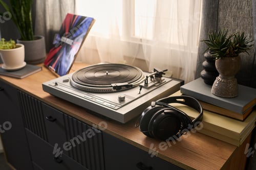 Preview: Vintage Turntable Playing Vinyl Record with Headphones on Wooden Sideboard