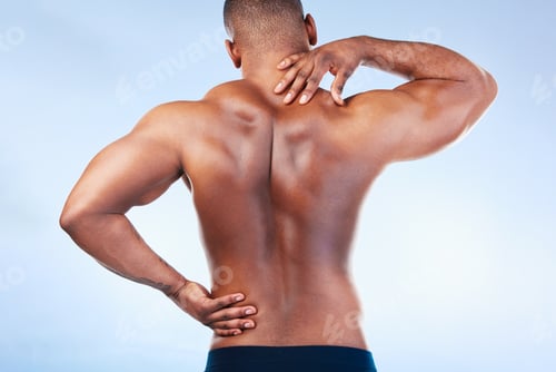 Preview: Black man, neck pain and back injury with fitness and health, medical problem and aching body in st