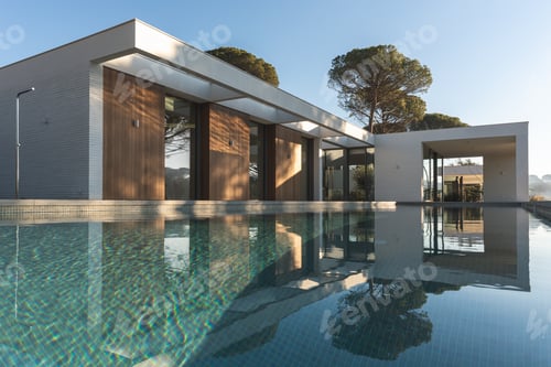 Preview: Modern white and wood luxury house with pool and pine trees outside