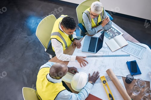 Preview: Architect, laptop and team in meeting above for construction or building planning strategy at offic