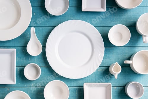 Preview: Various empty white plates and bowls on wooden background, Top view