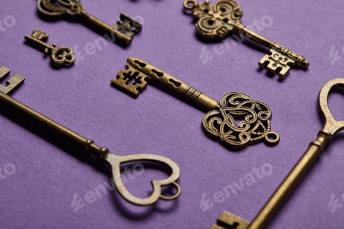 Preview: close up view of vintage keys on violet background