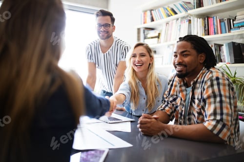 Preview: Group of diverse designers, business people brainstorming on meeting in office