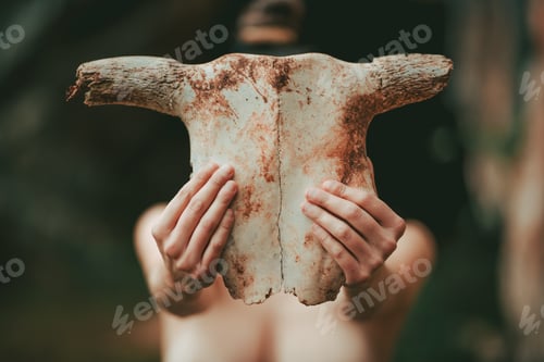 Preview: Topless woman covering face with spooky skull