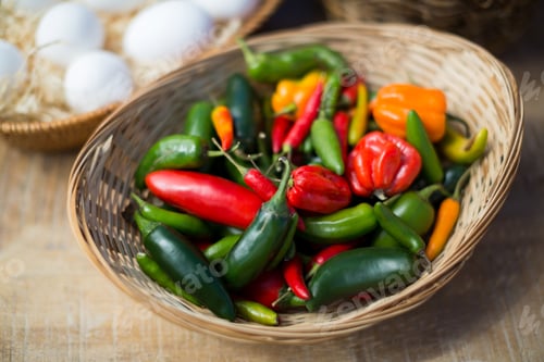 Preview: Bell peppers in wicker basket on table