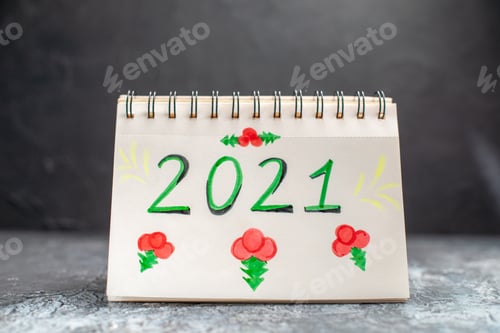 Preview: front view open notepad with writing on grey background photo xmas holiday color new year