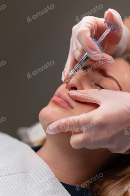 Preview: Professional cosmetologist woman doing lip augmentation correction procedures in beauty clinic