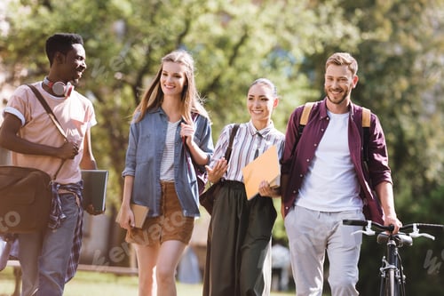 Preview: group of smiling multicultural students spending time together in park