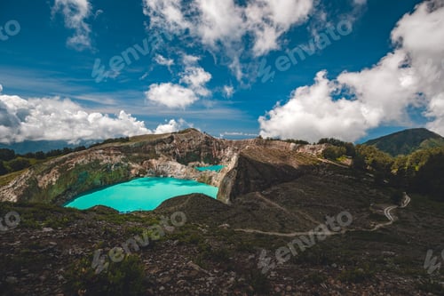 Preview: Indonesia volcano rocks crater lakes on green mountain Kelimutu peak, turquoise water, Flores island