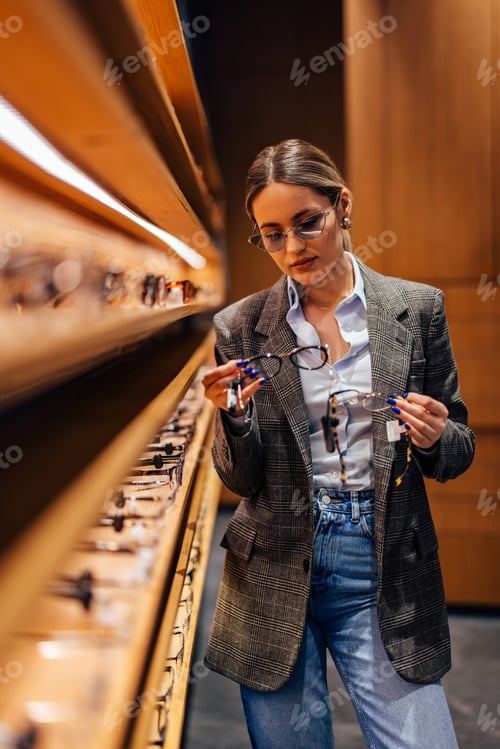Preview: Young woman, at the eyewear store, searching for a good pair of glasses.