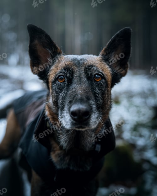 Preview: Happy-looking canine wearing a warm winter coat stands in a peaceful winter wonderland.