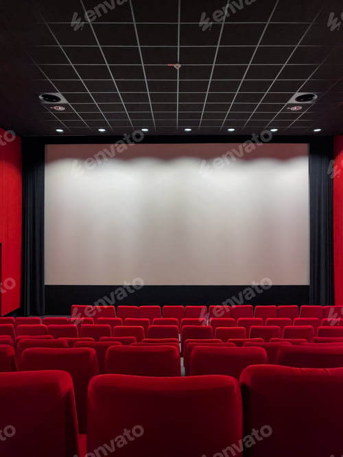 Preview: Cinema Screen And Red Seats. Empty Screening Theater