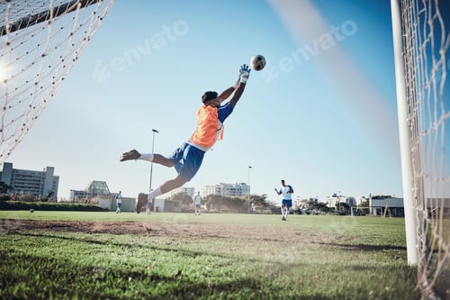 Preview: Fitness, goalkeeper or soccer player taking a penalty in a game or training match at a tournament.
