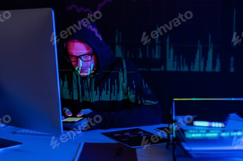 Preview: Hacker with charts reflection using smartphone near computer and documents on black background