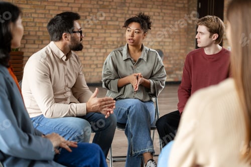 Preview: Diverse group of people sharing during group therapy session