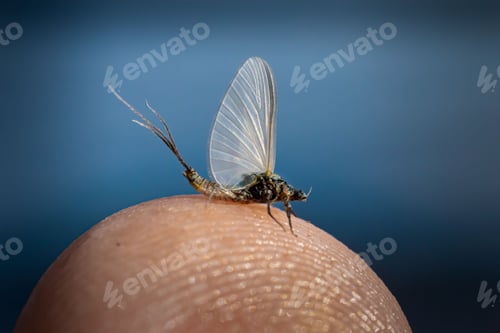 Preview: Closeup of a mayfly perched on a man's finger isolated on a blue background.
