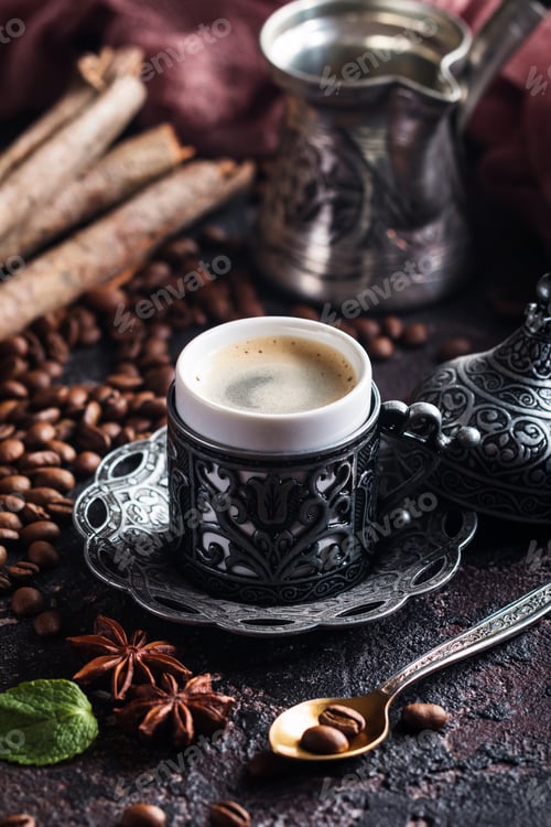 Preview: Turkish coffee in metal cup