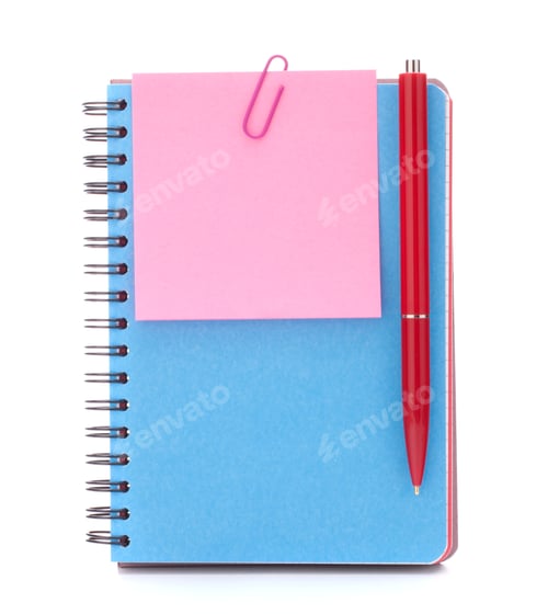 Preview: Blue notebook with notice papers and pen