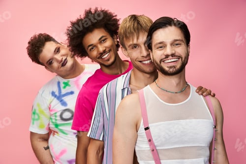 Preview: Four individuals celebrate pride with vibrant styles and joyful expressions in a fun backdrop
