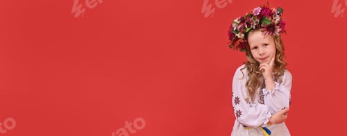 Preview: banner 6-year-old girl in Ukrainian smiling and thinking. text here,