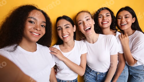 Preview: Group Of Five Women Making Selfie Standing Over Yellow Background