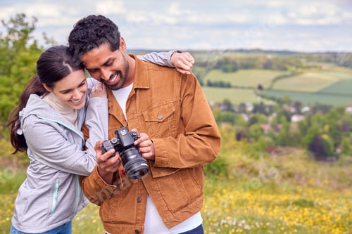 Preview: Couple With Digital DSLR Camera Taking Photos In Countryside Together